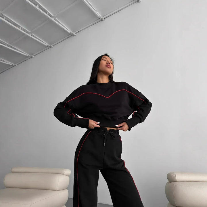 Damen kurzes Oversize-Sweatshirt mit Kordelzug-Jogginghose und Kontrastnähten Drune