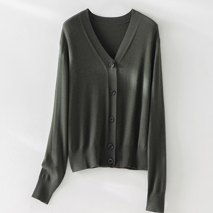 Damen Feiner V-Ausschnitt Cardigan mit Knopfleiste und geripptem Saum Drune
