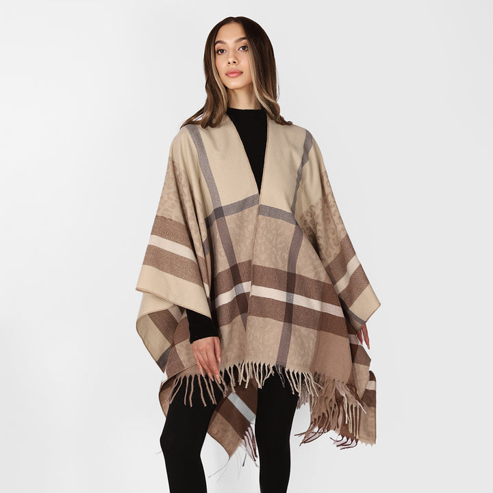 Damen Übergroßer Poncho mit Fransen und Karomuster Drune