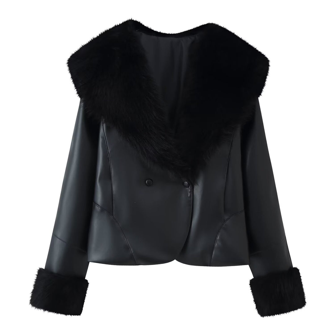 Damen 20+ kurze Kunstlederjacke mit großem Kunstfellkragen und Fellmanschetten Drune