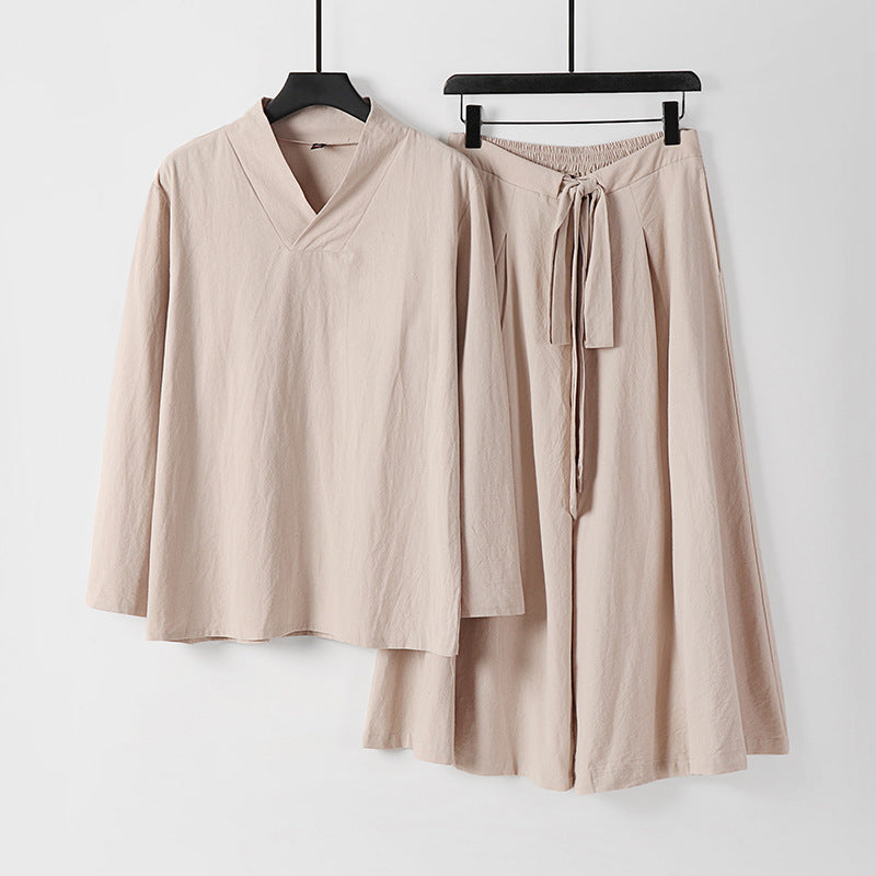 Damen Leichtes Leinen-Baumwoll Loungewear-Set mit V-Ausschnitt, weitem Midirock und Bindegürtel Drune