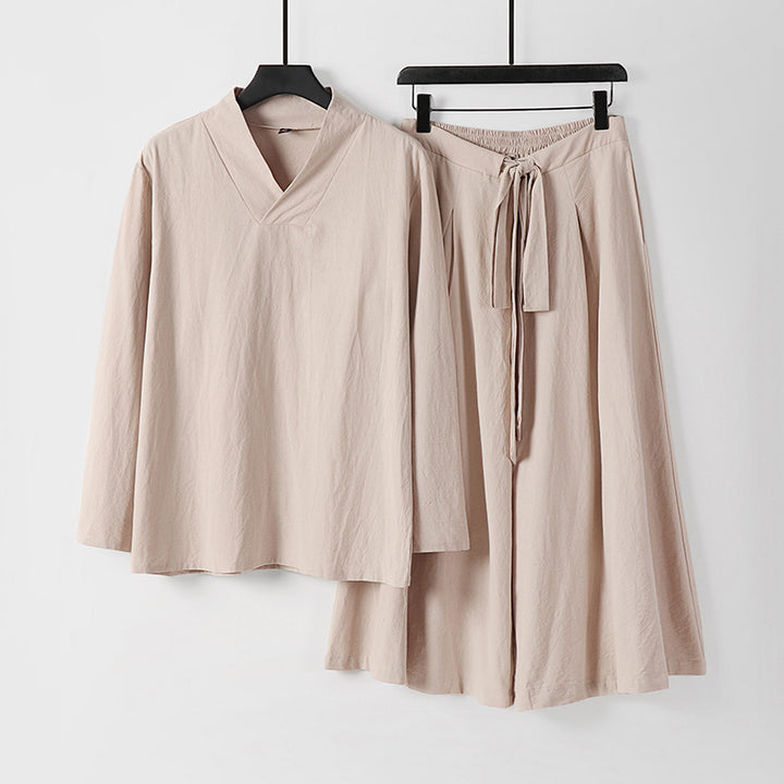 Damen Leichtes Leinen-Baumwoll Loungewear-Set mit V-Ausschnitt, weitem Midirock und Bindegürtel Drune