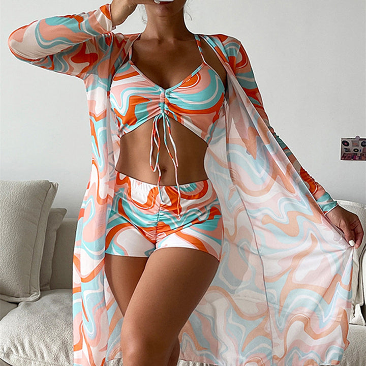 Damen Bikiniset mit schönem Bindeband und floralem Kimono Drune