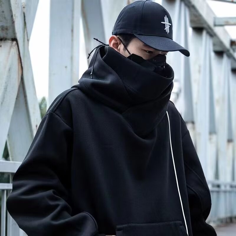 Herren futuristischer Hoodie mit hohem Kragen und praktischen Taschen Drune