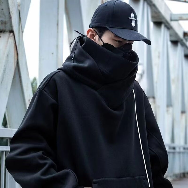 Herren futuristischer Hoodie mit hohem Kragen und praktischen Taschen Drune