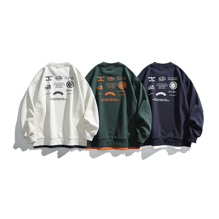 Unisex Oversize-Sweatshirt mit großflächigem Rückenprint, Lagenoptik und gerippten Bündchen Drune