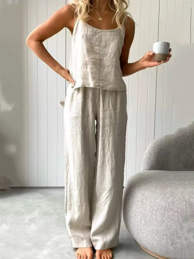 Damen lässiges Leinen-Set mit Trägershirt und weiten Hosen Drune