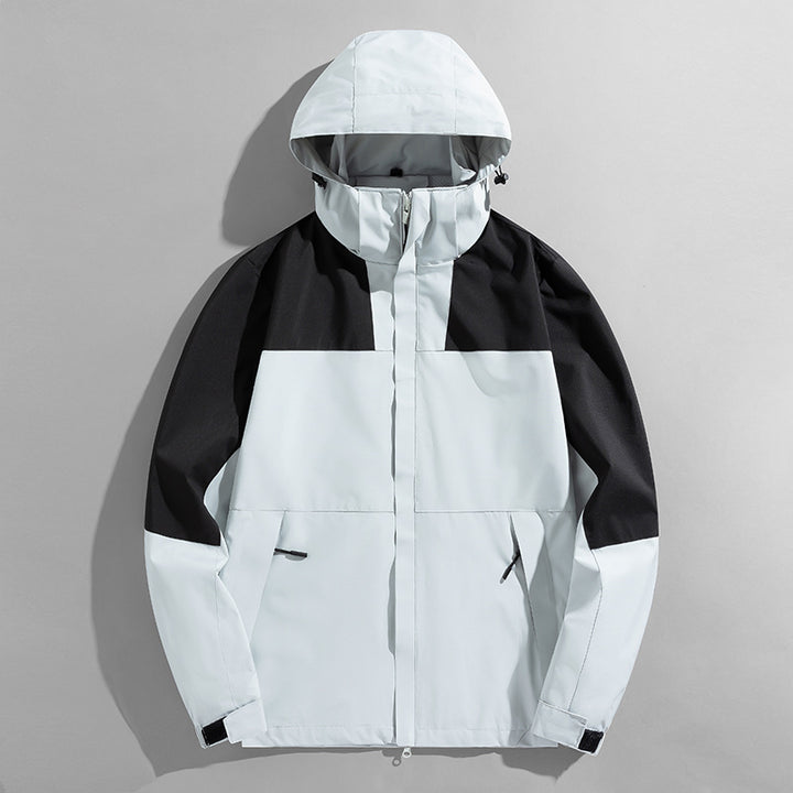 Herren zweilagige technische Kapuzen-Outdoorjacke mit hochschließendem Stehkragen und verstellbarer Kapuze Drune
