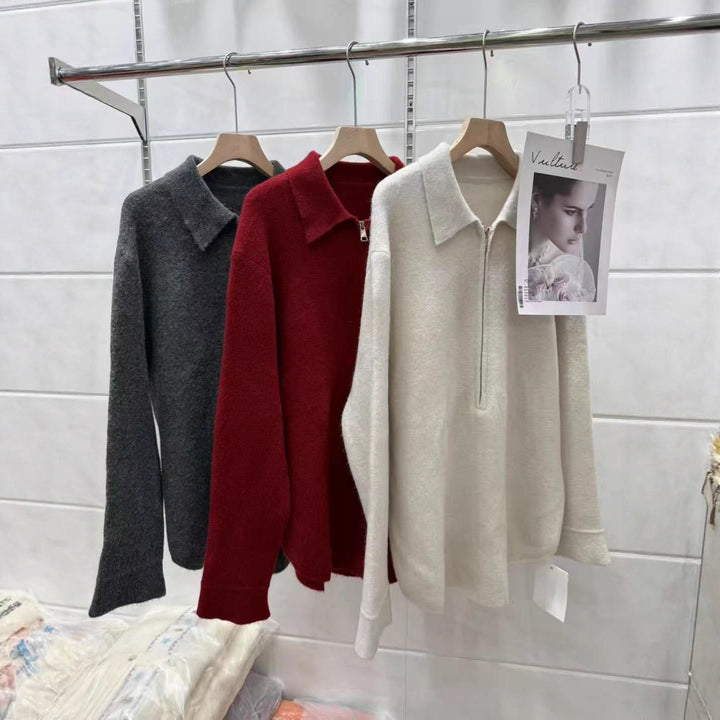 Damen Modischer Pullover mit Reißverschluss und Kragen Drune