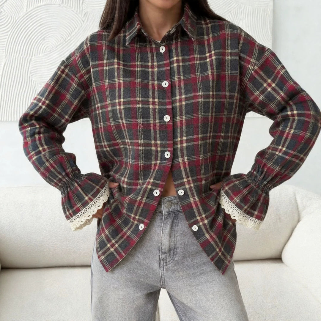 Damen Karo-Hemdbluse mit Spitzenmanschetten und Oversize-Schnitt Drune