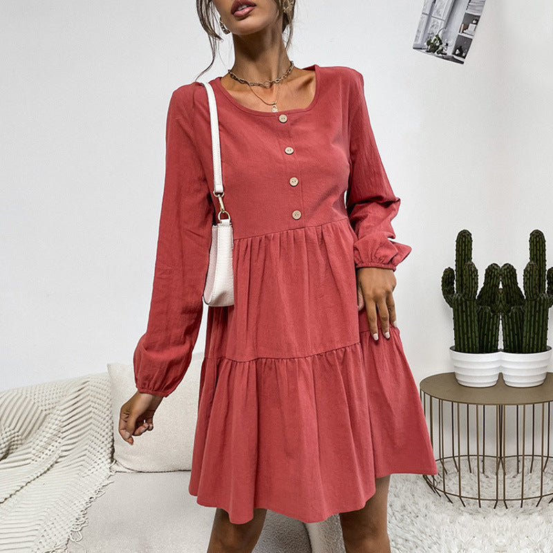 Damen Lockeres Cord-Volantkleid mit Stufenrock & Zierknopfleiste Drune