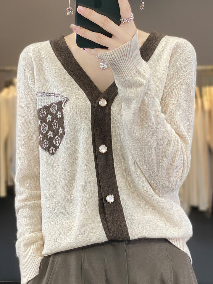 Damen Kurzgeschnittener V‑Neck-Cardigan mit Perlmuttknöpfen und kontrastierter Brusttasche Drune