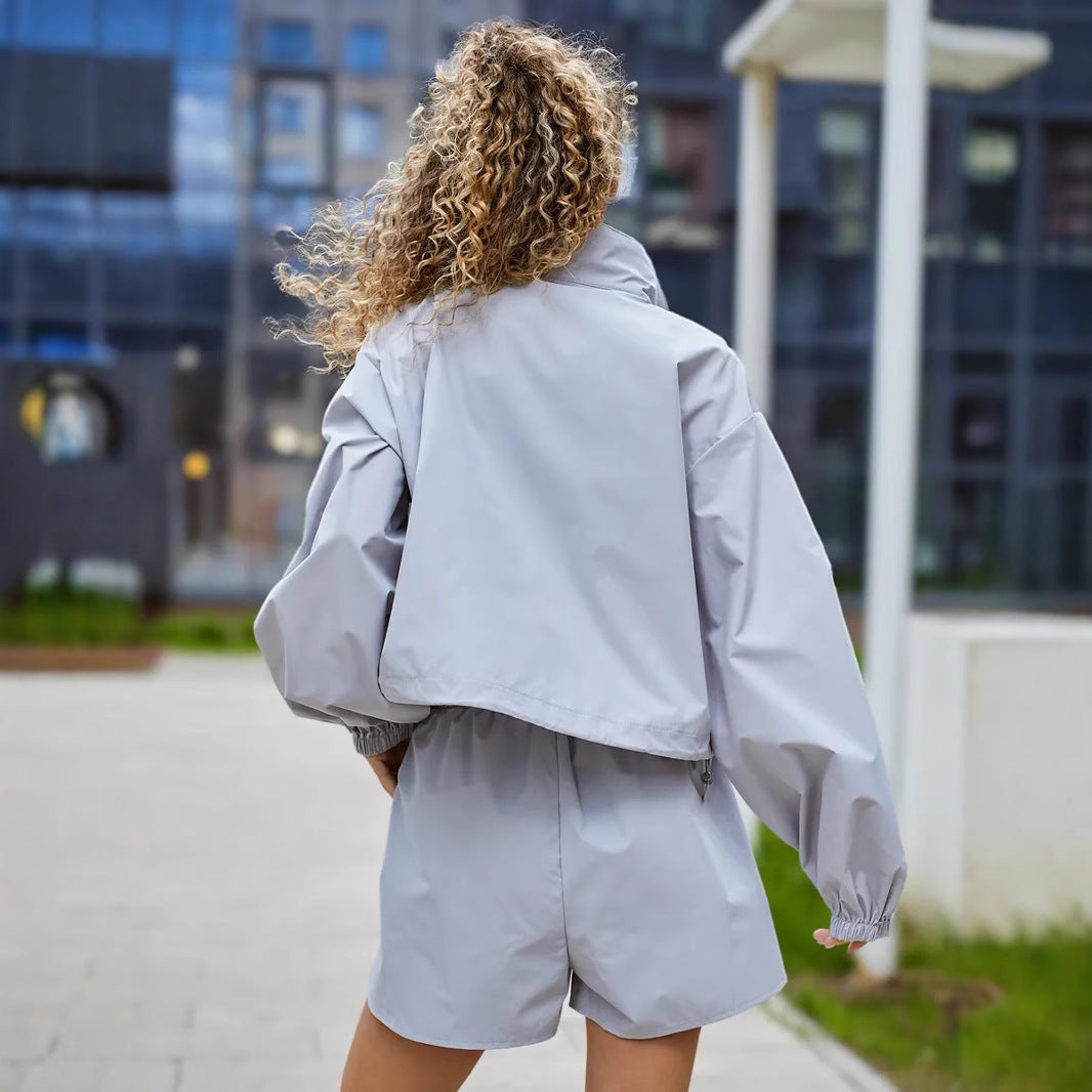 Damen lässige Sportjacke mit voluminösen Ärmeln und passender Shorts Drune