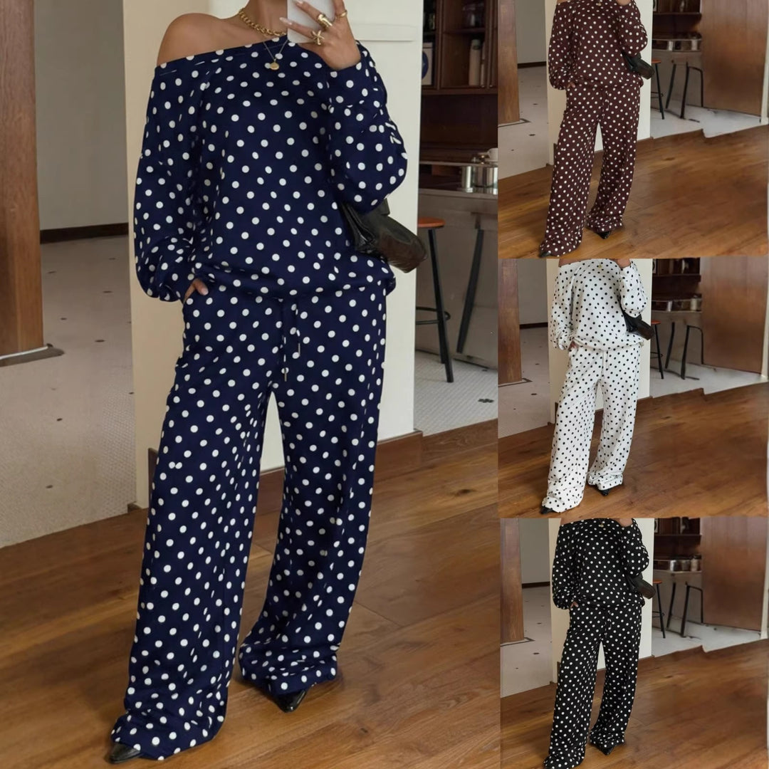 Damen Gepunktetes Zweiteiliges Lounge-Set mit weitem Boatneck und weiten Palazzo-Hosen Drune