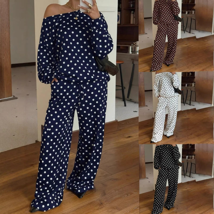 Damen Gepunktetes Zweiteiliges Lounge-Set mit weitem Boatneck und weiten Palazzo-Hosen Drune