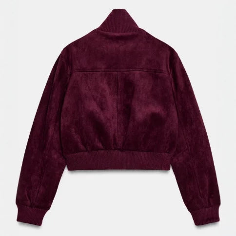 Damen Kurze Veloursleder-Bomberjacke mit hohem Rippenkragen, elastischem Saum und Eingrifftaschen Drune