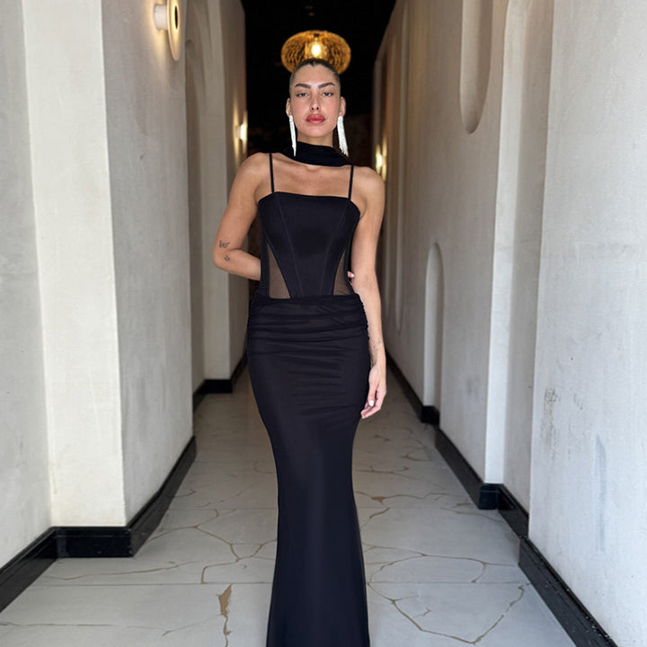 Damen elegantes figurbetontes Maxikleid mit transparenten Einsätzen und stylishem Stehkragen Drune