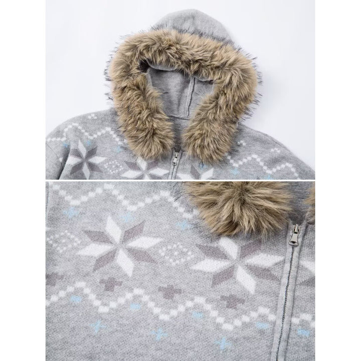 Damen Kapuzensweatjacke mit Kunstfell Kragen und Norweger-Muster Drune
