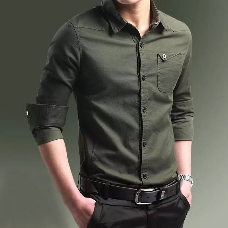 Herren Slim-Fit Baumwollhemd mit Kentkragen und Brusttasche Drune