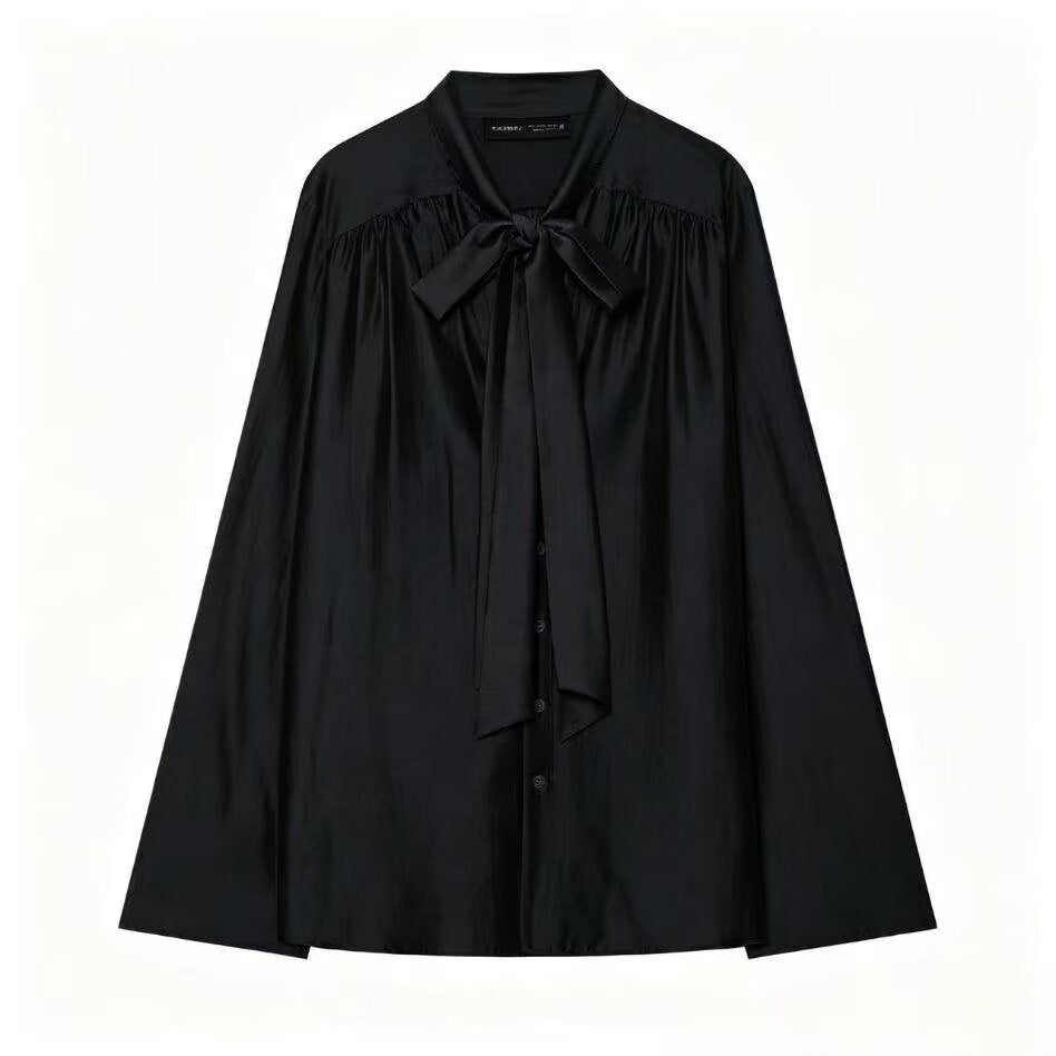 Damen Weiche Schlupfbluse mit Schleifenkragen, geraffter Passe und weitem Fall Drune