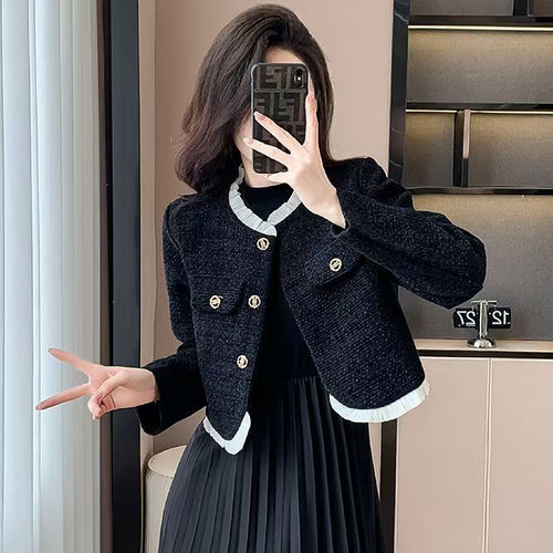 Damen elegante Kurzjacke mit strukturierten Knopfdetails Drune