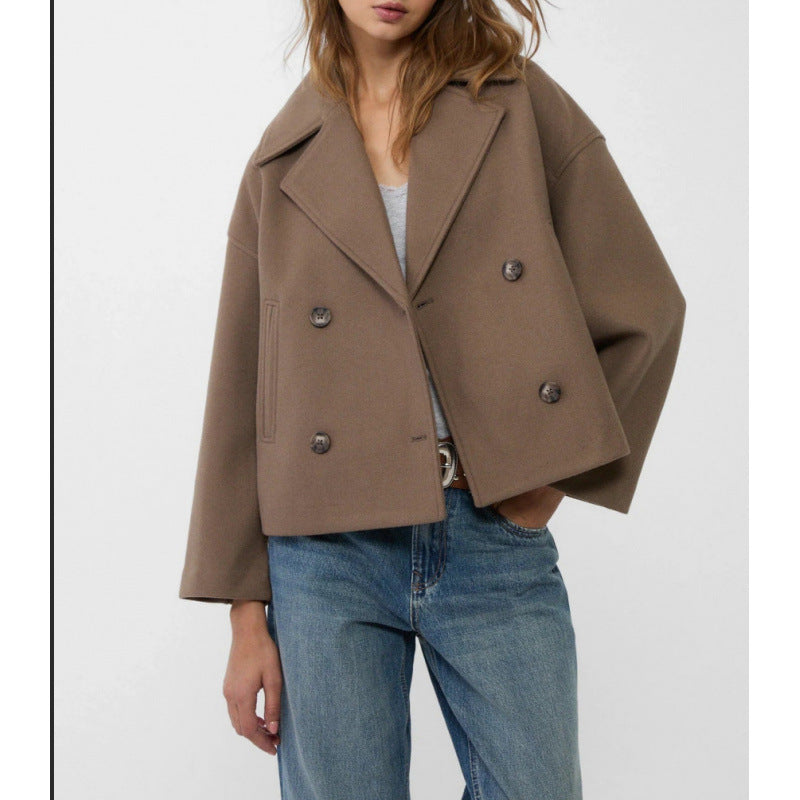 Damen Kurzer Zweireihiger Wollmix-Peacoat mit übergroßem Revers Drune