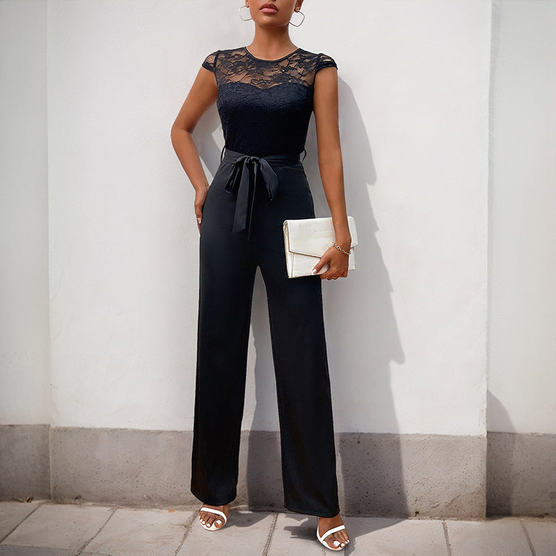 Damen Jumpsuit mit elegantem Spitzenoberteil und taillierbarem Gürtel Drune