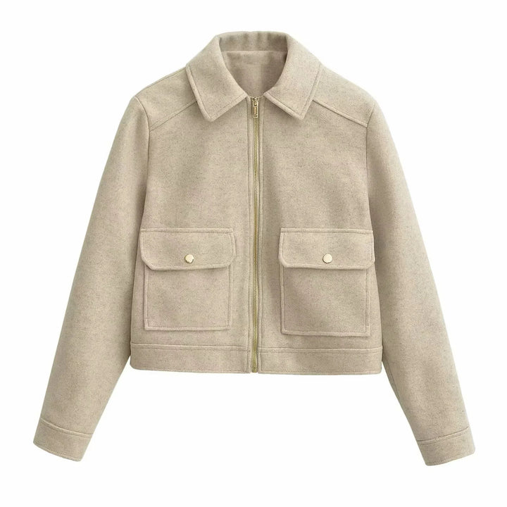 Damen nan boxy Wollblend Shacket mit verdecktem Metallreißverschluss, Hemdkragen und aufgesetzten Pattentaschen Drune
