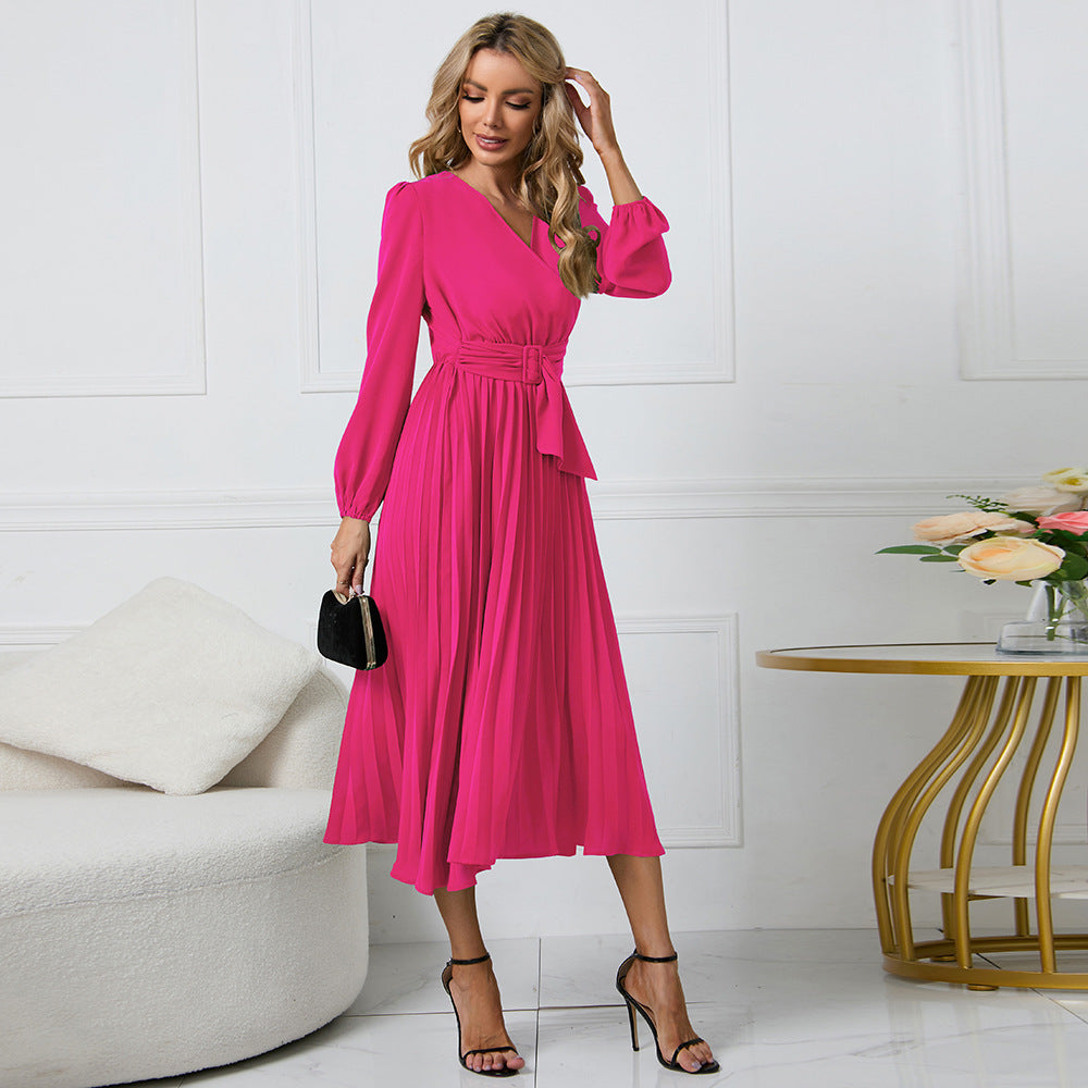 Damen Plissiertes Wickel‑Midikleid mit Taillengürtel und V‑Ausschnitt Drune