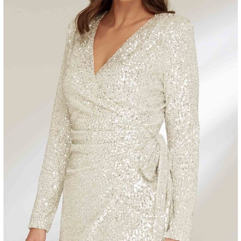 Damen Glamouröses Pailletten-Kleid mit Wickeloptik und langen Ärmeln Drune