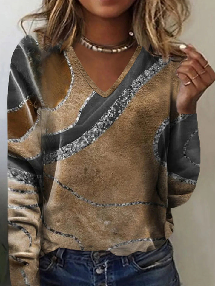 Damen V-Ausschnitt Langarmshirt mit modernem Wellendesign Drune