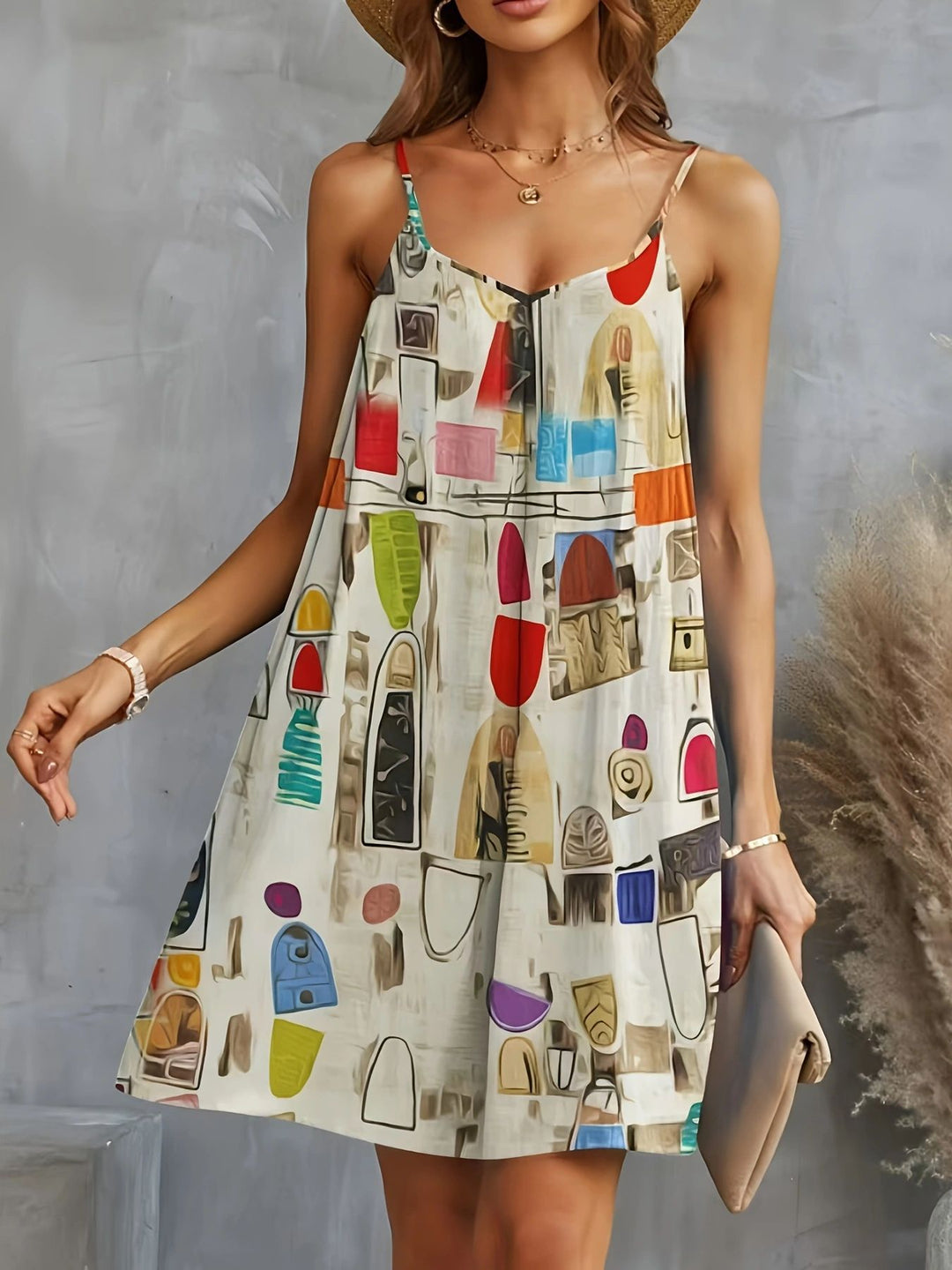 Damen luftiges Sommerkleid mit buntem geometrischem Muster und Kreuzträgern Drune
