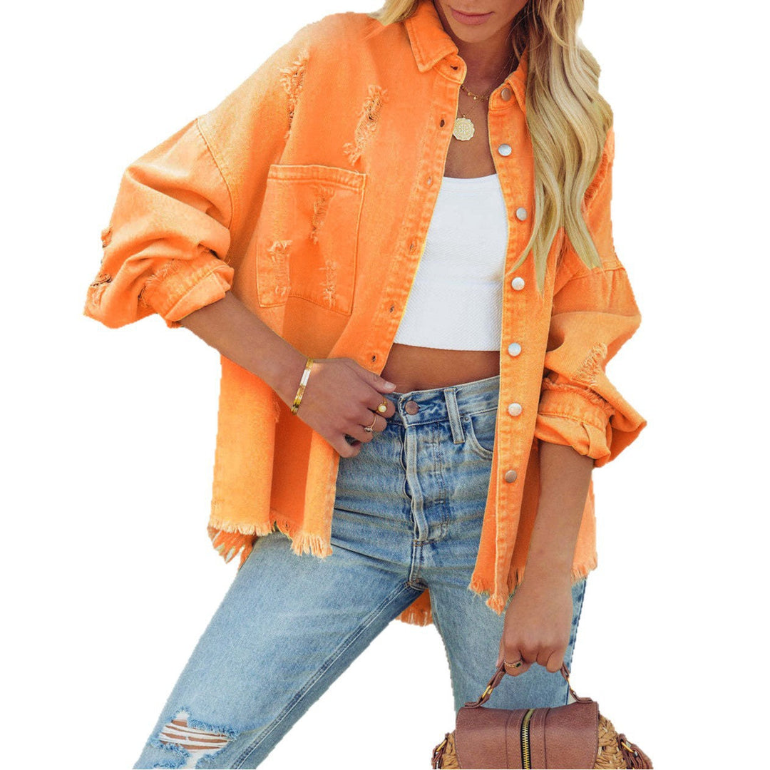 Damen Lässige Oversized Jeansjacke mit fransigen Abschlüssen und dekorativen Knöpfen Drune