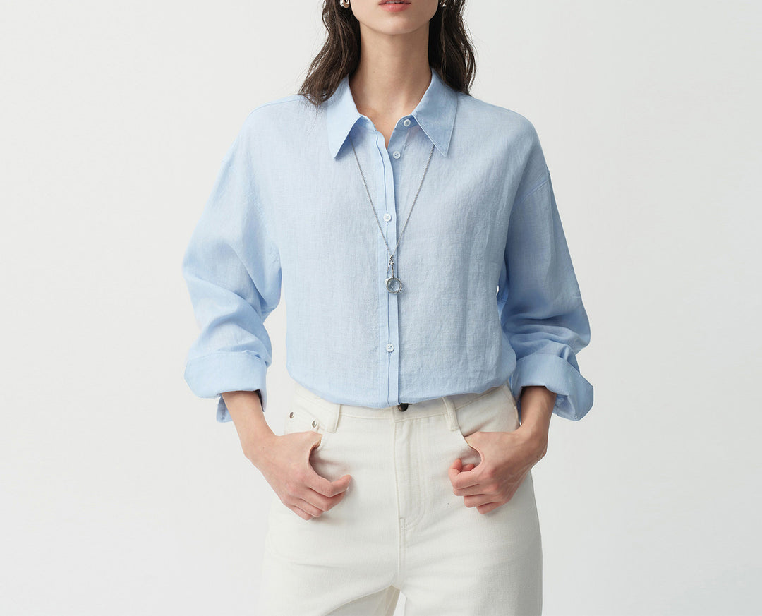 Damen Modische Leinenbluse mit langen Ärmeln Drune