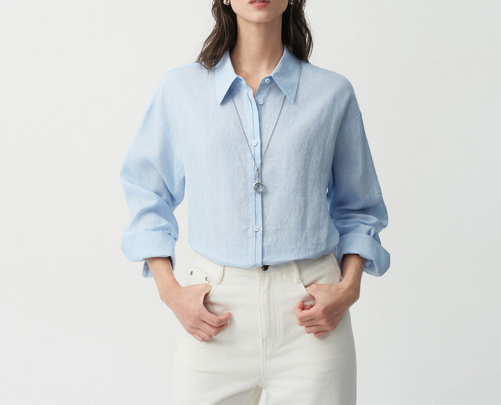 Damen Modische Leinenbluse mit langen Ärmeln Drune
