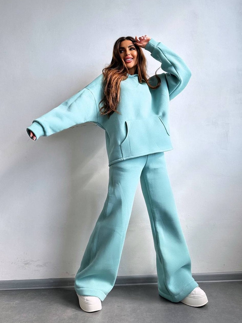 Damen Scuba-Fleece Lounge-Set mit Oversize-Kapuzenpullover und weiter Flare-Hose Drune