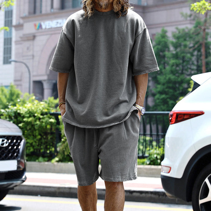 Herren nan kastiges Kurzarmshirt mit lockeren Sweat-Bermudas aus schwerem Baumwolljersey Drune