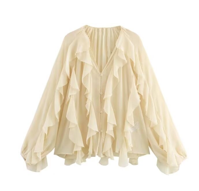 Damen 200+ voluminöse Chiffon‑Rüschenbluse mit Fledermausärmeln und Knopfleiste Drune