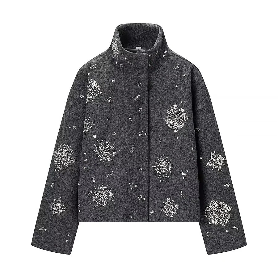 Damen nan boxy Kurzjacke mit hohem Stehkragen und funkelnder Perlen‑ und Paillettenstickerei Drune