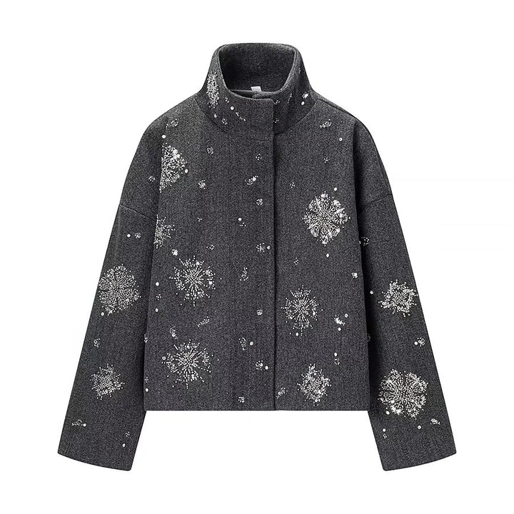 Damen nan boxy Kurzjacke mit hohem Stehkragen und funkelnder Perlen‑ und Paillettenstickerei Drune