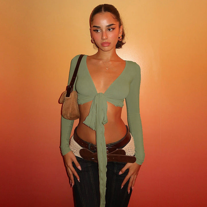 Damen Crop-Top mit verspieltem Bindeband und langen Ärmeln Drune