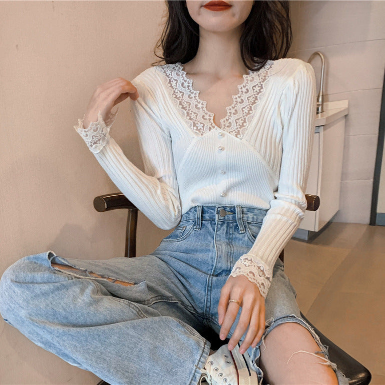 Damen Langärmliger Pullover mit Spitzendetails Drune