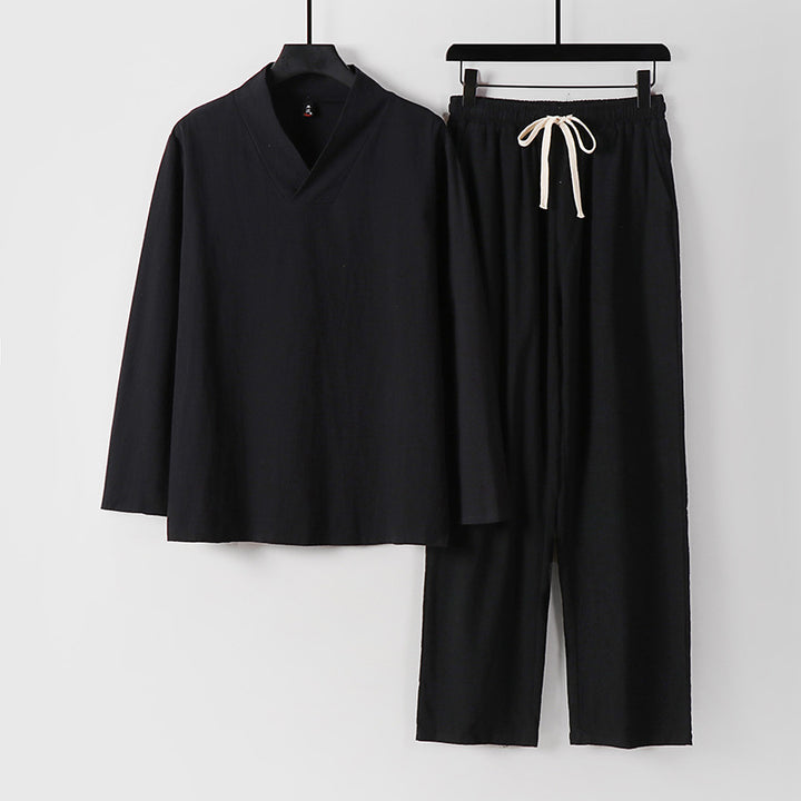Unisex Zen-inspiriertes Leichtes Loungewear-Set mit V-Ausschnitt-Shirt und Elastischer Kordelbund-Hose Drune