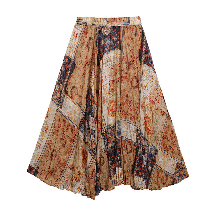 Damen nan fein gefalteter Midirock mit Vintage Blumenprint und elastischem Taillenbund Drune