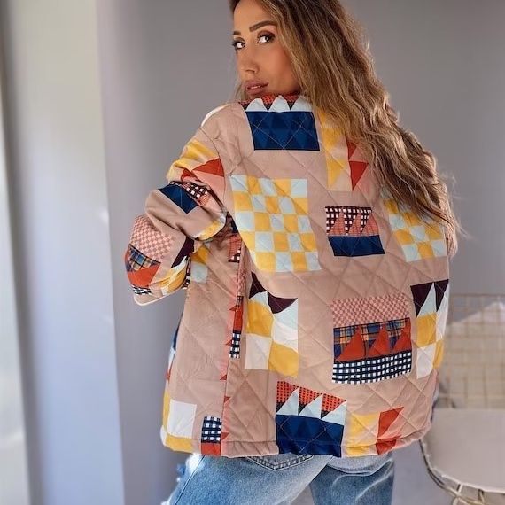 Damen nan gesteppte Patchwork-Quiltjacke mit Stehkragen und aufgesetzten Klappentaschen Drune