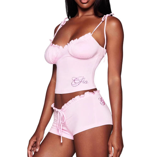 Damen Satin Schlafanzug-Set mit Rüschendetails und verstellbaren Trägern Drune