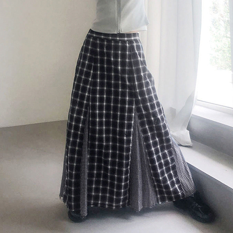 Damen Eleganter Maxirock mit kontrastierenden Karomustern und seitlichen Schlitzen Drune
