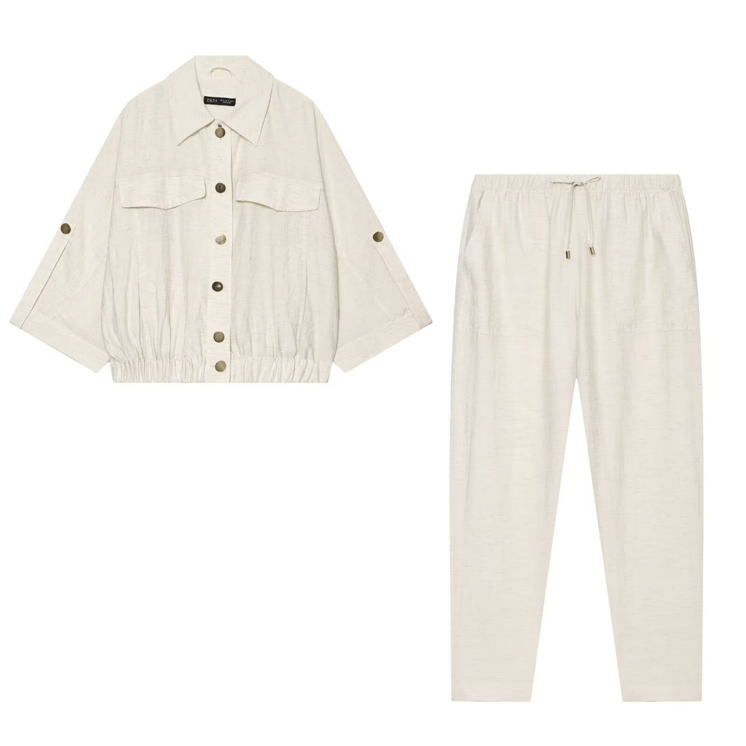 Damen Leinen-Mix Joggerhose mit elastischem Bund und schmalem Bein Drune