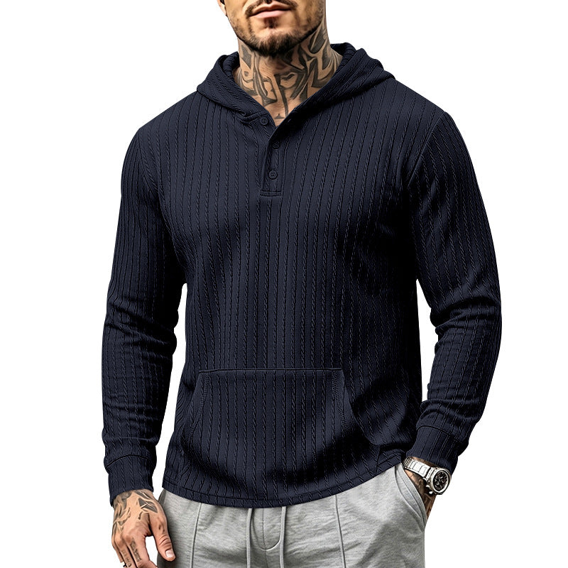 Herren Kapuzen-Henley-Pullover mit Zopfstruktur, Kängurutasche und Rippbündchen Drune