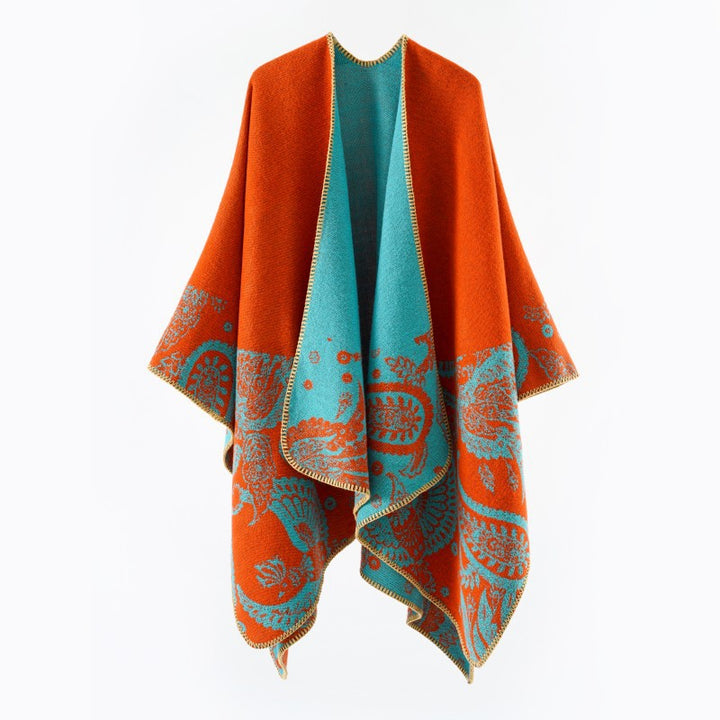 Damen Reversibler Jacquard-Capeponcho aus Wollmix mit Paisley-Motiv und offenem Fall Drune